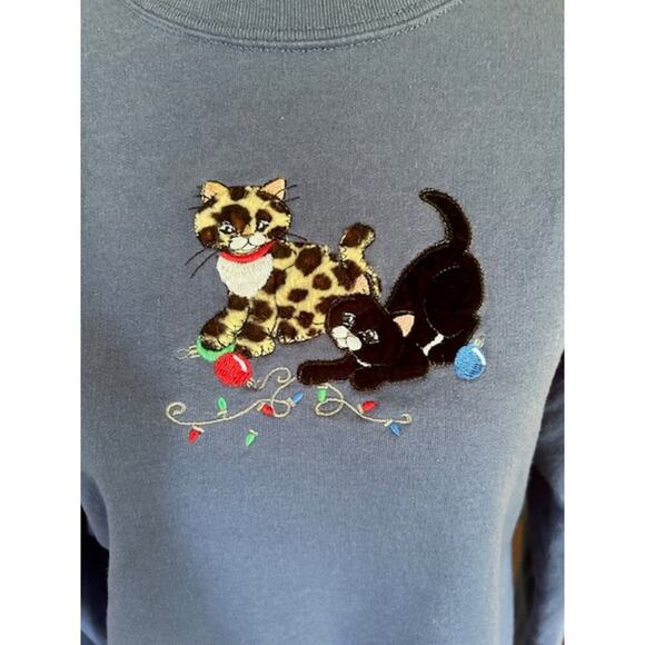 Vintage Cat Sweatshirt by Morning Sun Size Large, Embroidered Holiday Kittens - Picture 3 of 7